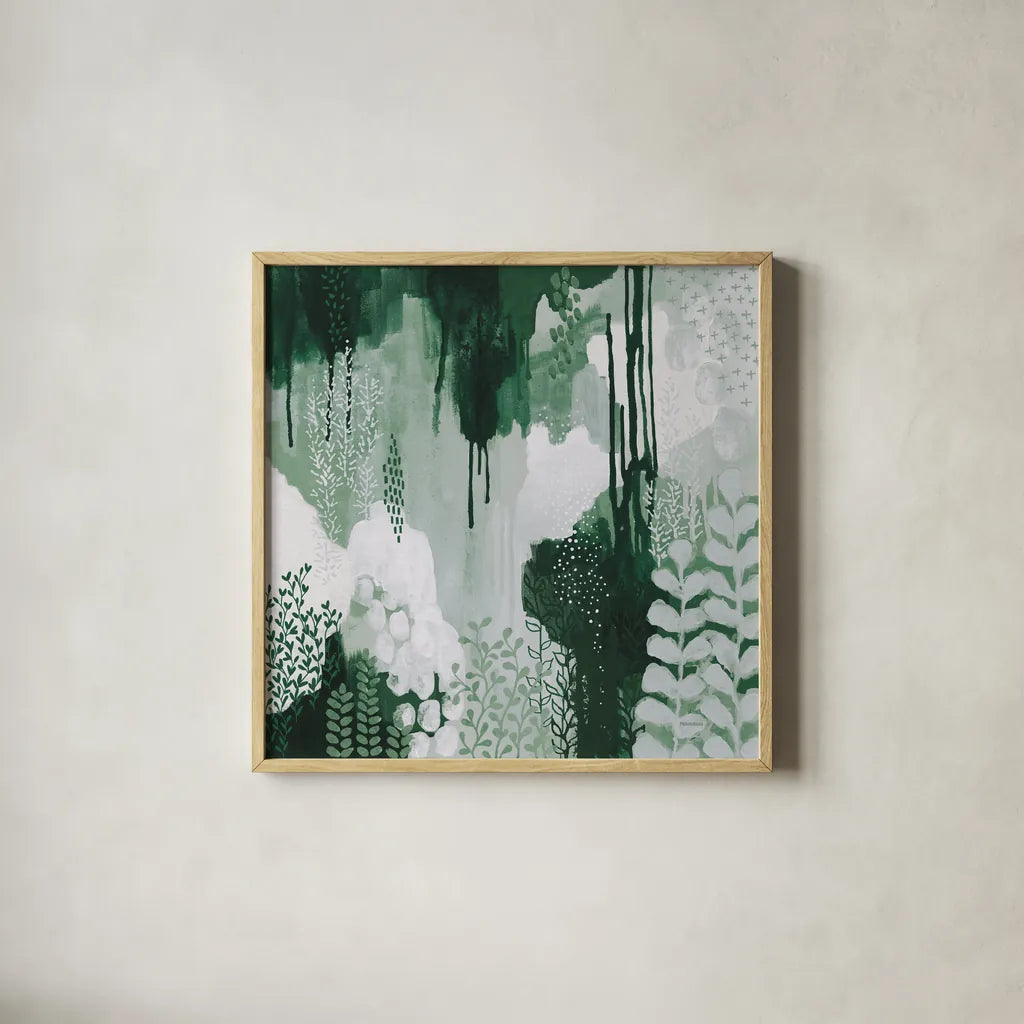 Light Green Forest I by Kathy Ferguson. Shown in a natural wood glass frame for a timeless modern aesthetic. Available as an archival giclee rolled canvas, fine art paper, or poster print. SKU 59300a.