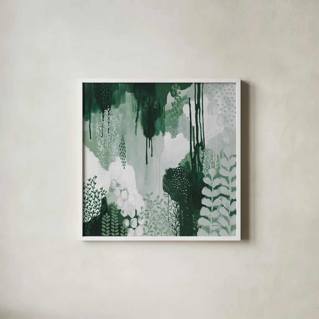 Light Green Forest I by Kathy Ferguson. Shown in a crisp white glass frame for a clean and minimalist style. Available as an archival giclee rolled canvas, fine art paper, or poster print. SKU 59300a.