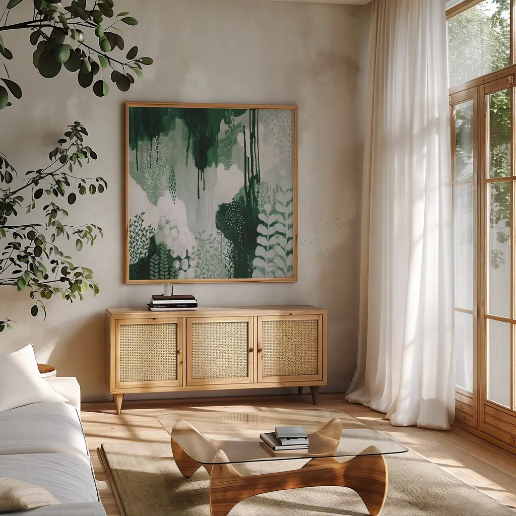 Light Green Forest I by Kathy Ferguson. Shown in a natural wood frame in a cozy modern living room. Available as an archival giclee rolled canvas, fine art paper, or poster print. SKU 59300a.