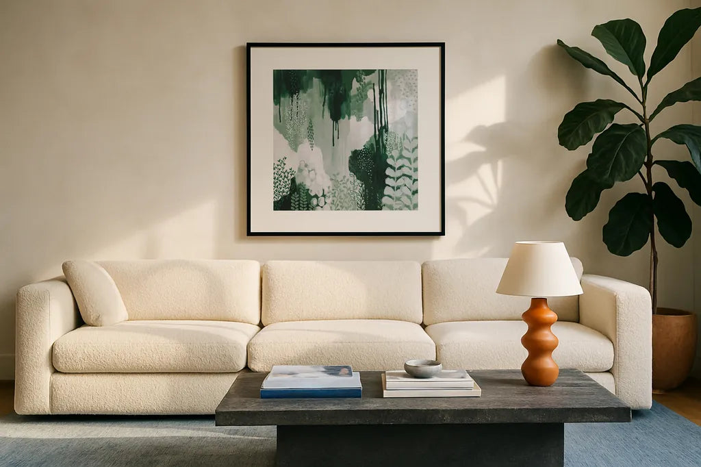 Light Green Forest I by Kathy Ferguson. Displayed in a glass frame with matte in a clean modern living room. Available as an archival giclee rolled canvas, fine art paper, or poster print. SKU 59300a.