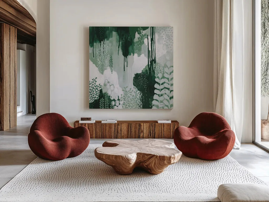 Light Green Forest I by Kathy Ferguson. Shown as extra-large giant wall art in a modern living room. Available as an archival giclee rolled canvas, fine art paper, or poster print. SKU 59300a.