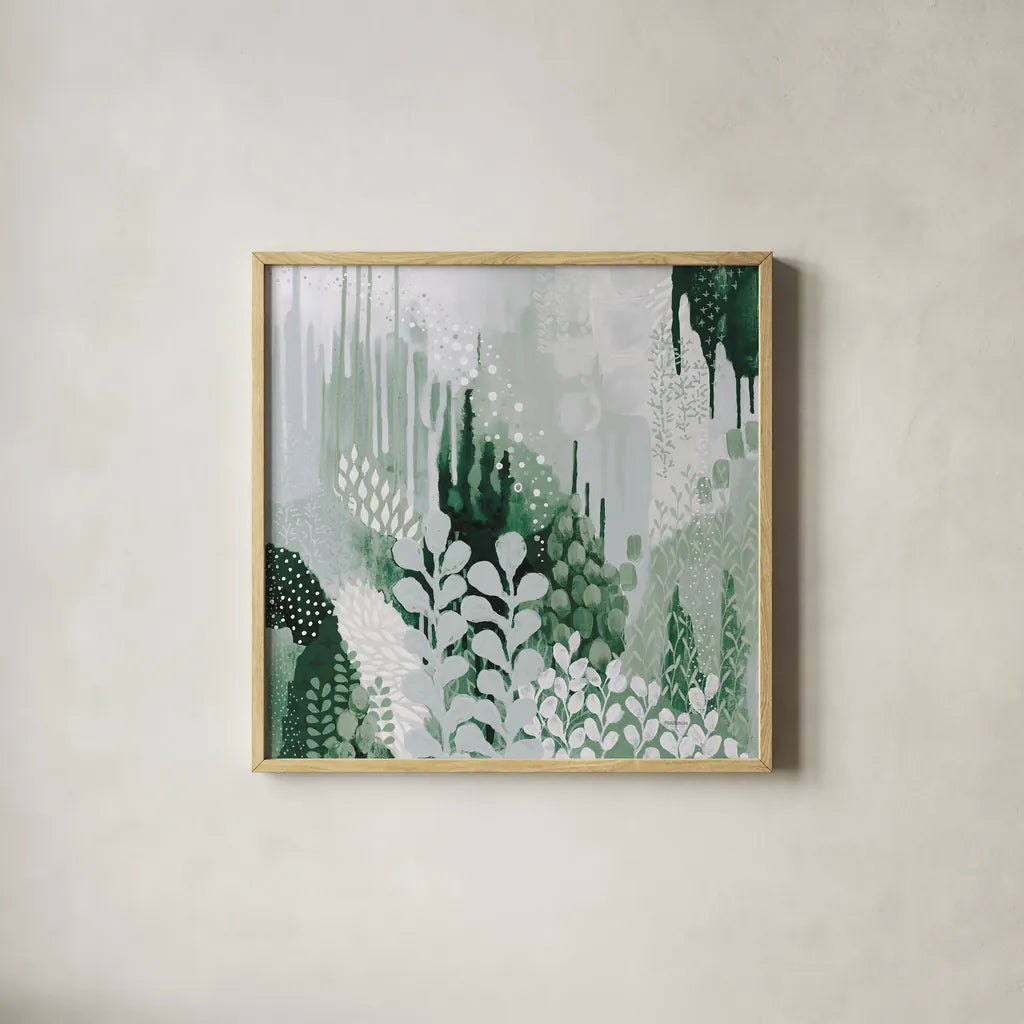Light Green Forest II by Kathy Ferguson. Shown in a natural wood glass frame for a timeless modern aesthetic. Available as an archival giclee rolled canvas, fine art paper, or poster print. SKU 59301a.
