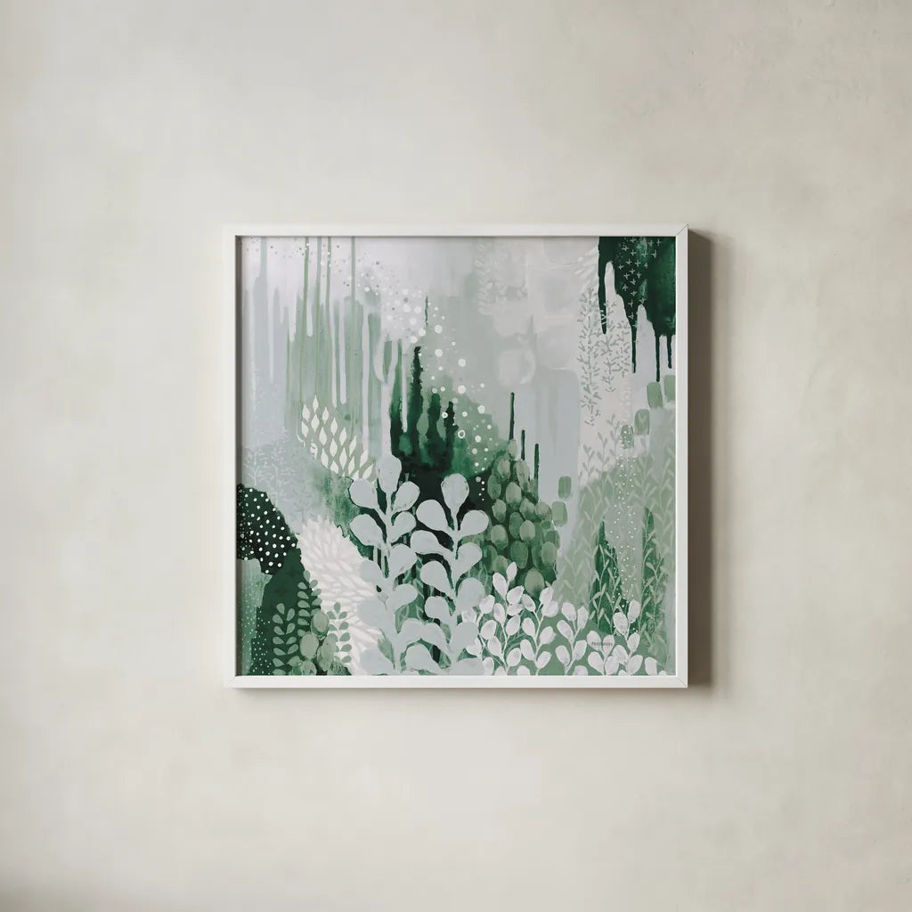 Light Green Forest II by Kathy Ferguson. Shown in a crisp white glass frame for a clean and minimalist style. Available as an archival giclee rolled canvas, fine art paper, or poster print. SKU 59301a.