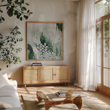 Light Green Forest II by Kathy Ferguson. Shown in a natural wood frame in a cozy modern living room. Available as an archival giclee rolled canvas, fine art paper, or poster print. SKU 59301a.
