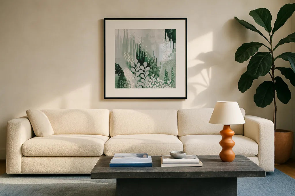 Light Green Forest II by Kathy Ferguson. Displayed in a glass frame with matte in a clean modern living room. Available as an archival giclee rolled canvas, fine art paper, or poster print. SKU 59301a.