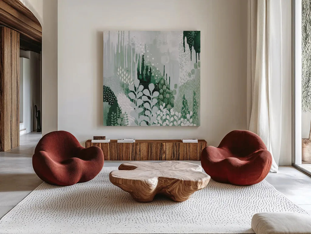 Light Green Forest II by Kathy Ferguson. Shown as extra-large giant wall art in a modern living room. Available as an archival giclee rolled canvas, fine art paper, or poster print. SKU 59301a.
