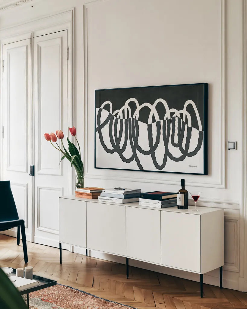 Loops III Dark by Kathy Ferguson. shown as a framed stretched canvas in a living room above a console. Available as a archival giclee rolled canvas, fine art paper, or poster print. SKU 76385i.