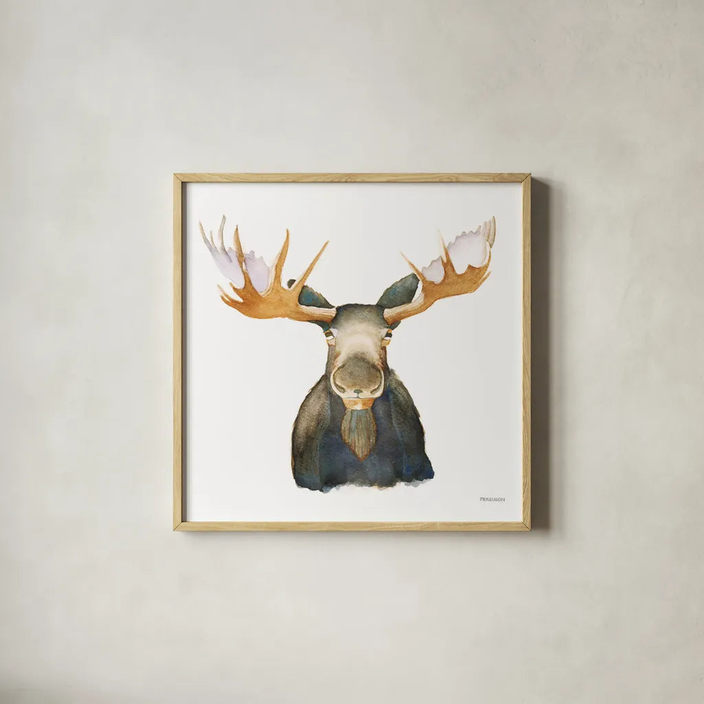 Moose by Kathy Ferguson. Shown in a natural wood glass frame for a timeless modern aesthetic. Available as an archival giclee rolled canvas, fine art paper, or poster print. SKU 72099a.