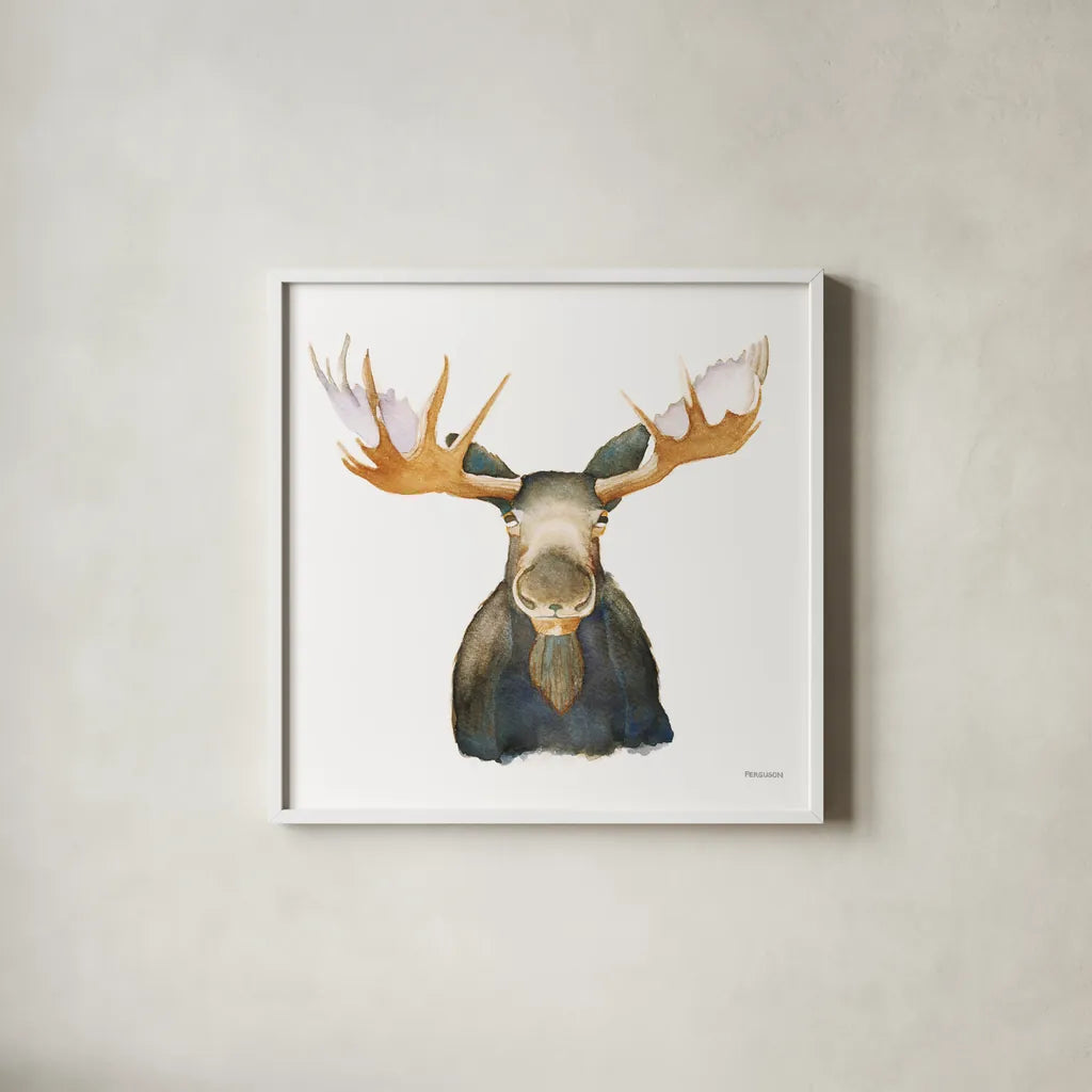 Moose by Kathy Ferguson. Shown in a crisp white glass frame for a clean and minimalist style. Available as an archival giclee rolled canvas, fine art paper, or poster print. SKU 72099a.