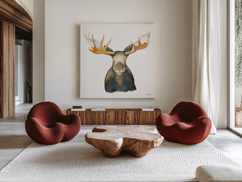 Moose by Kathy Ferguson. Shown as extra-large giant wall art in a modern living room. Available as an archival giclee rolled canvas, fine art paper, or poster print. SKU 72099a.