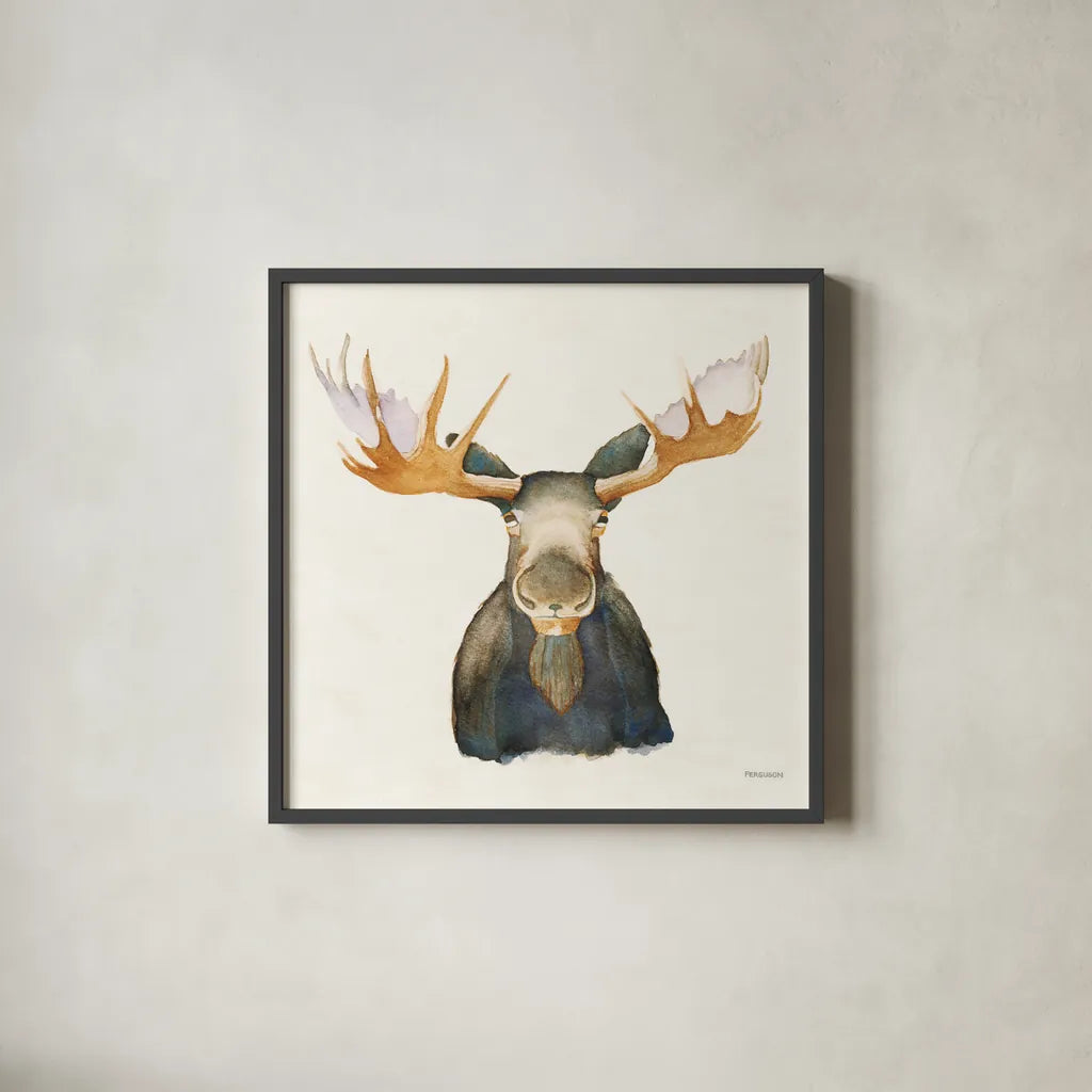 Moose on Cream by Kathy Ferguson. Shown in a sleek black glass frame for a contemporary gallery look. Available as an archival giclee rolled canvas, fine art paper, or poster print. SKU 75531a.