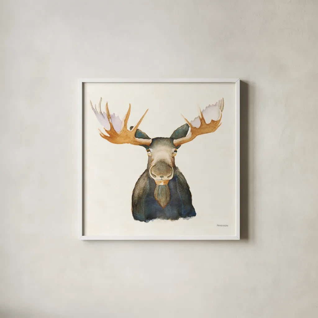 Moose on Cream by Kathy Ferguson. Shown in a crisp white glass frame for a clean and minimalist style. Available as an archival giclee rolled canvas, fine art paper, or poster print. SKU 75531a.