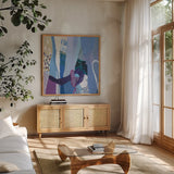 Periwinkle by Kathy Ferguson. Shown in a natural wood frame in a cozy modern living room. Available as an archival giclee rolled canvas, fine art paper, or poster print. SKU 72101a.