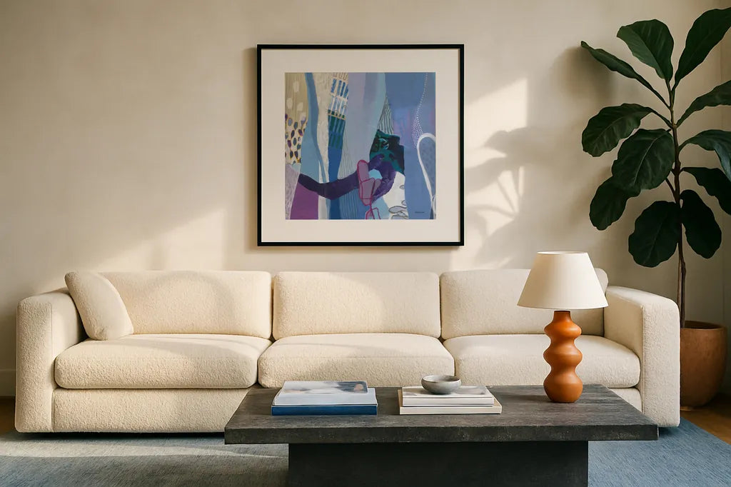 Periwinkle by Kathy Ferguson. Displayed in a glass frame with matte in a clean modern living room. Available as an archival giclee rolled canvas, fine art paper, or poster print. SKU 72101a.