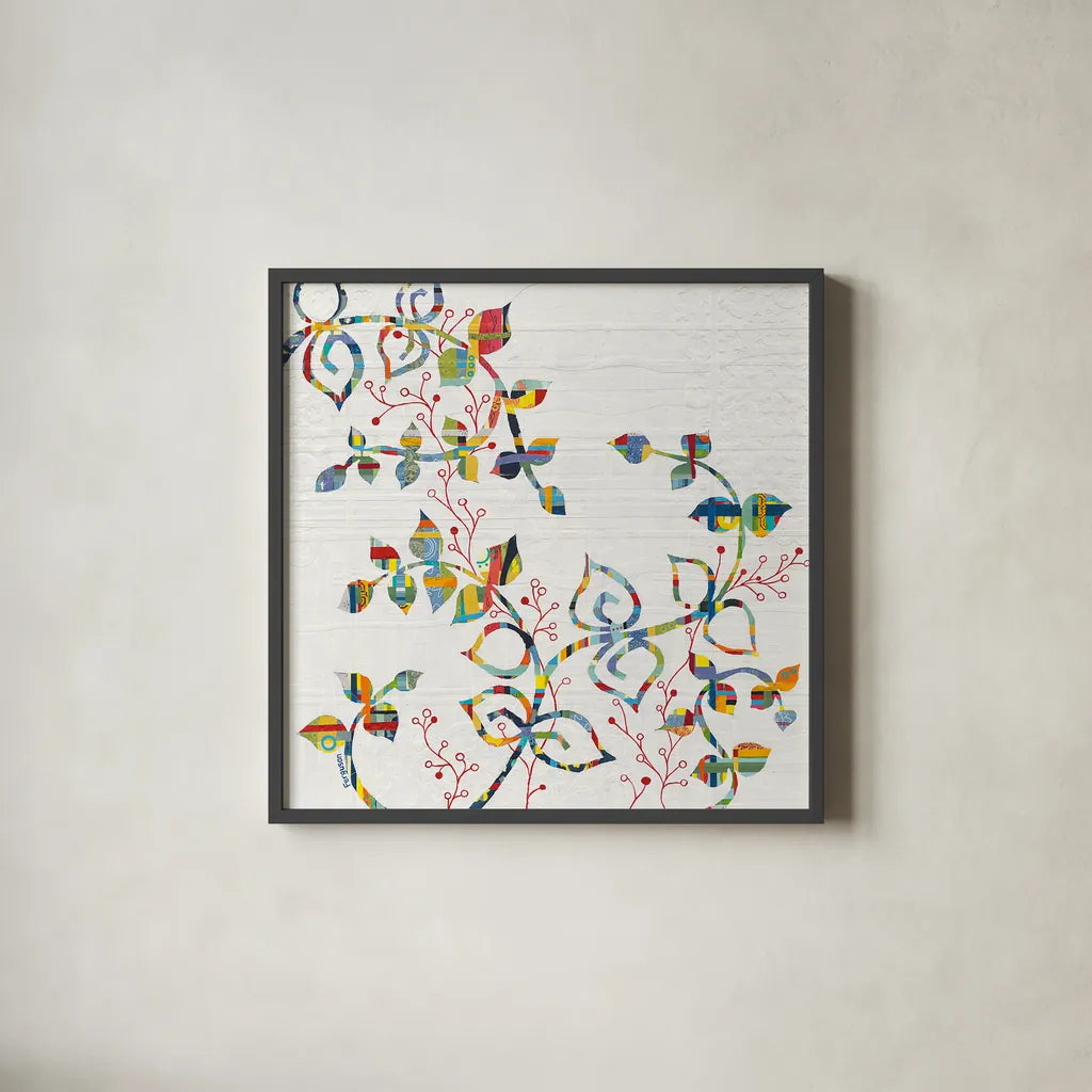 Rainbow Vines with Berries by Kathy Ferguson. Shown in a sleek black glass frame for a contemporary gallery look. Available as an archival giclee rolled canvas, fine art paper, or poster print. SKU 17220a.