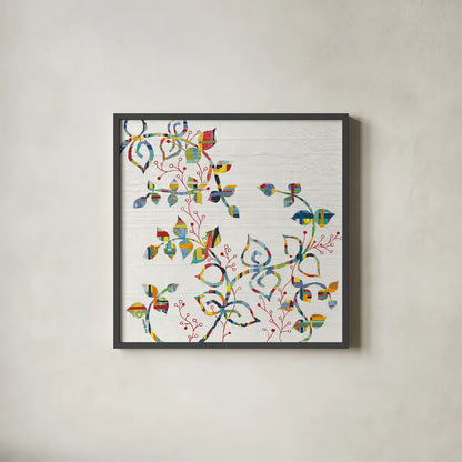 Rainbow Vines with Berries by Kathy Ferguson. Shown in a sleek black glass frame for a contemporary gallery look. Available as an archival giclee rolled canvas, fine art paper, or poster print. SKU 17220a.