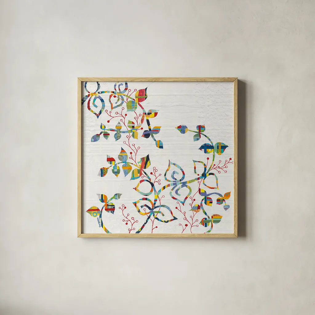 Rainbow Vines with Berries by Kathy Ferguson. Shown in a natural wood glass frame for a timeless modern aesthetic. Available as an archival giclee rolled canvas, fine art paper, or poster print. SKU 17220a.