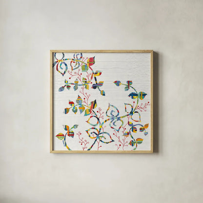 Rainbow Vines with Berries by Kathy Ferguson. Shown in a natural wood glass frame for a timeless modern aesthetic. Available as an archival giclee rolled canvas, fine art paper, or poster print. SKU 17220a.