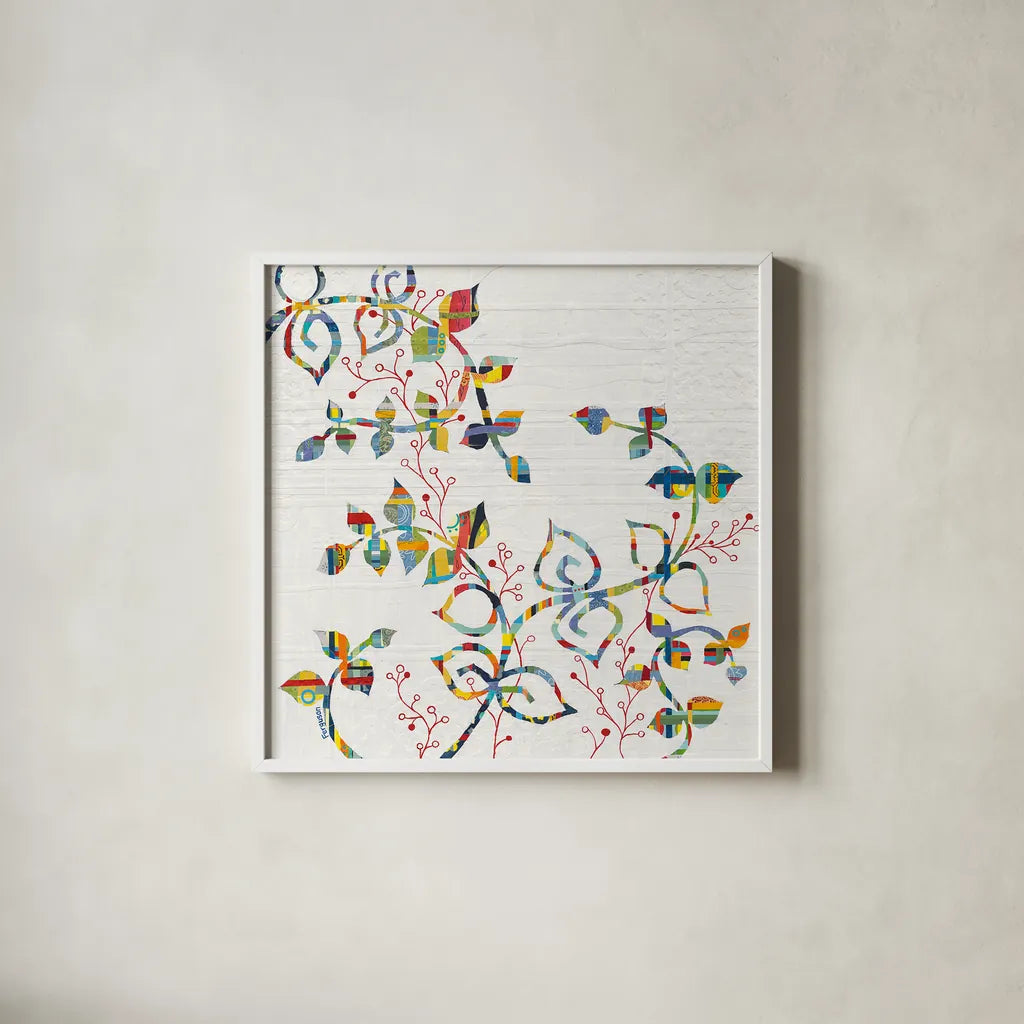 Rainbow Vines with Berries by Kathy Ferguson. Shown in a crisp white glass frame for a clean and minimalist style. Available as an archival giclee rolled canvas, fine art paper, or poster print. SKU 17220a.