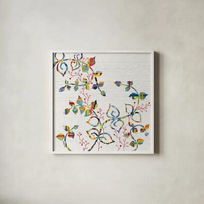 Rainbow Vines with Berries by Kathy Ferguson. Shown in a crisp white glass frame for a clean and minimalist style. Available as an archival giclee rolled canvas, fine art paper, or poster print. SKU 17220a.