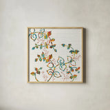 Rainbow Vines with Berries Spice by Kathy Ferguson. Shown in a natural wood glass frame for a timeless modern aesthetic. Available as an archival giclee rolled canvas, fine art paper, or poster print. SKU 17533a.