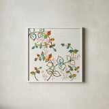 Rainbow Vines with Berries Spice by Kathy Ferguson. Shown in a crisp white glass frame for a clean and minimalist style. Available as an archival giclee rolled canvas, fine art paper, or poster print. SKU 17533a.