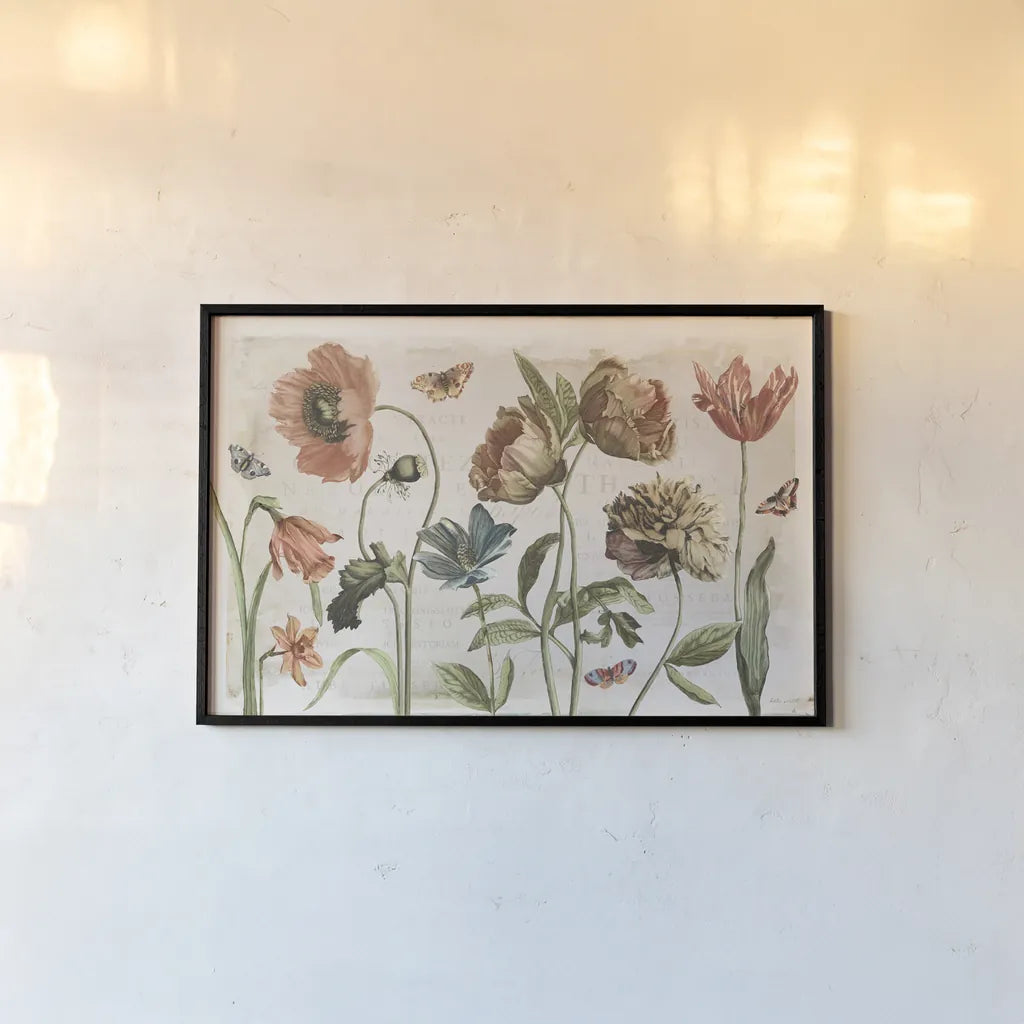 Antiquarian Blooms I by Katie Pertiet. shown as a paper print in a black flame. Available as a archival giclee rolled canvas, fine art paper, or poster print. SKU 62240i.