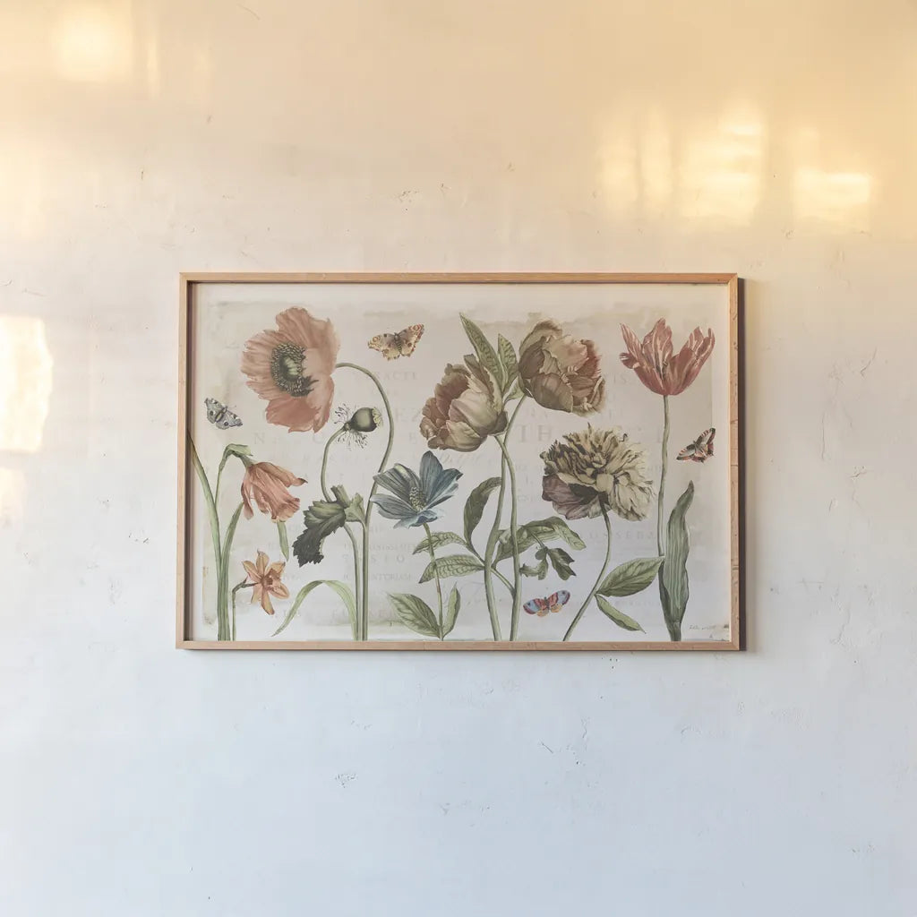 Antiquarian Blooms I by Katie Pertiet. shown as a paper print in a natural frame. Available as a archival giclee rolled canvas, fine art paper, or poster print. SKU 62240i.