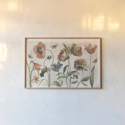 Antiquarian Blooms I by Katie Pertiet. shown as a paper print in a natural frame. Available as a archival giclee rolled canvas, fine art paper, or poster print. SKU 62240i.
