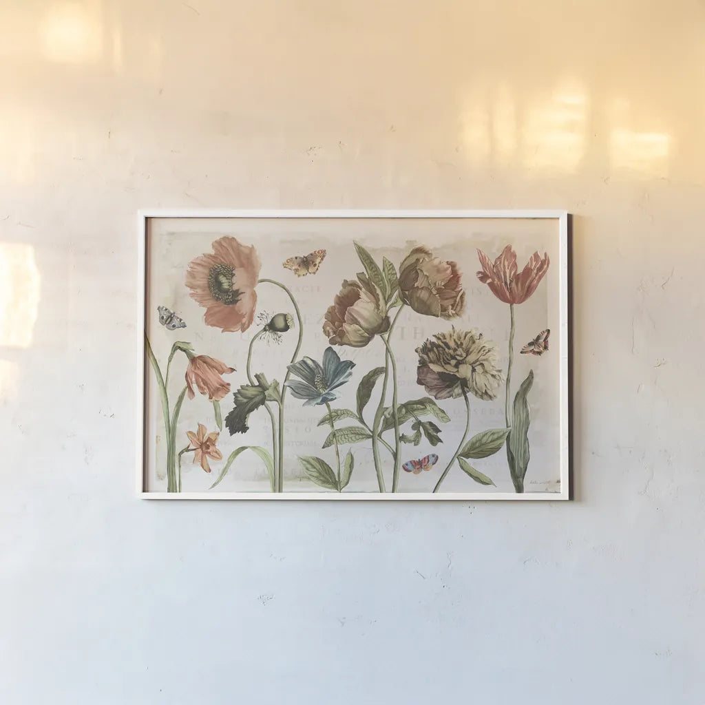 Antiquarian Blooms I by Katie Pertiet. shown as a paper print in a white frame. Available as a archival giclee rolled canvas, fine art paper, or poster print. SKU 62240i.