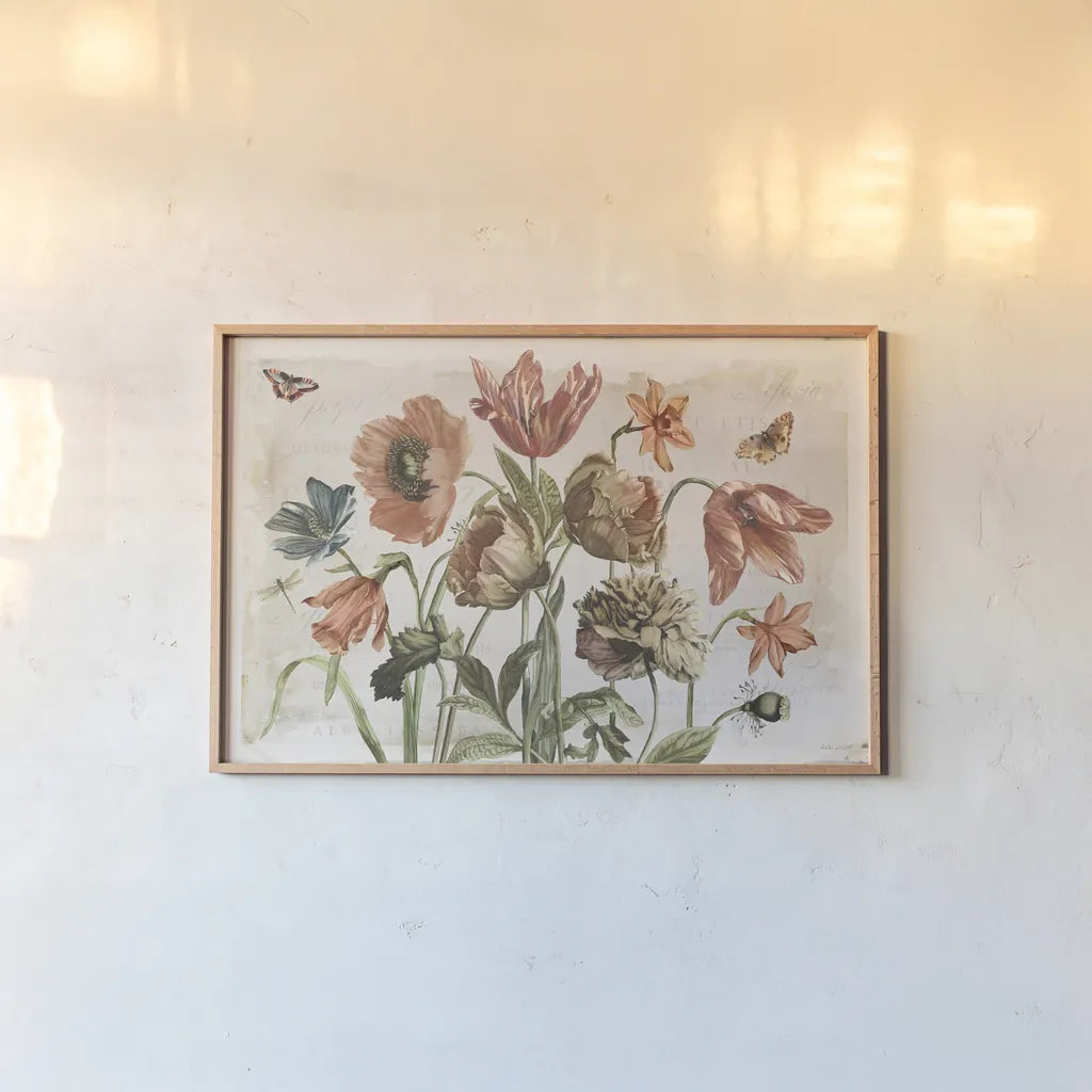 Antiquarian Blooms II by Katie Pertiet. shown as a paper print in a natural frame. Available as a archival giclee rolled canvas, fine art paper, or poster print. SKU 62241i.