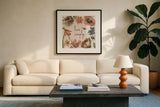 Antiquarian Blooms VII by Katie Pertiet. Displayed in a glass frame with matte in a clean modern living room. Available as an archival giclee rolled canvas, fine art paper, or poster print. SKU 62246a.