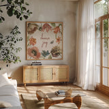 Antiquarian Blooms VIII by Katie Pertiet. Shown in a natural wood frame in a cozy modern living room. Available as an archival giclee rolled canvas, fine art paper, or poster print. SKU 62247a.