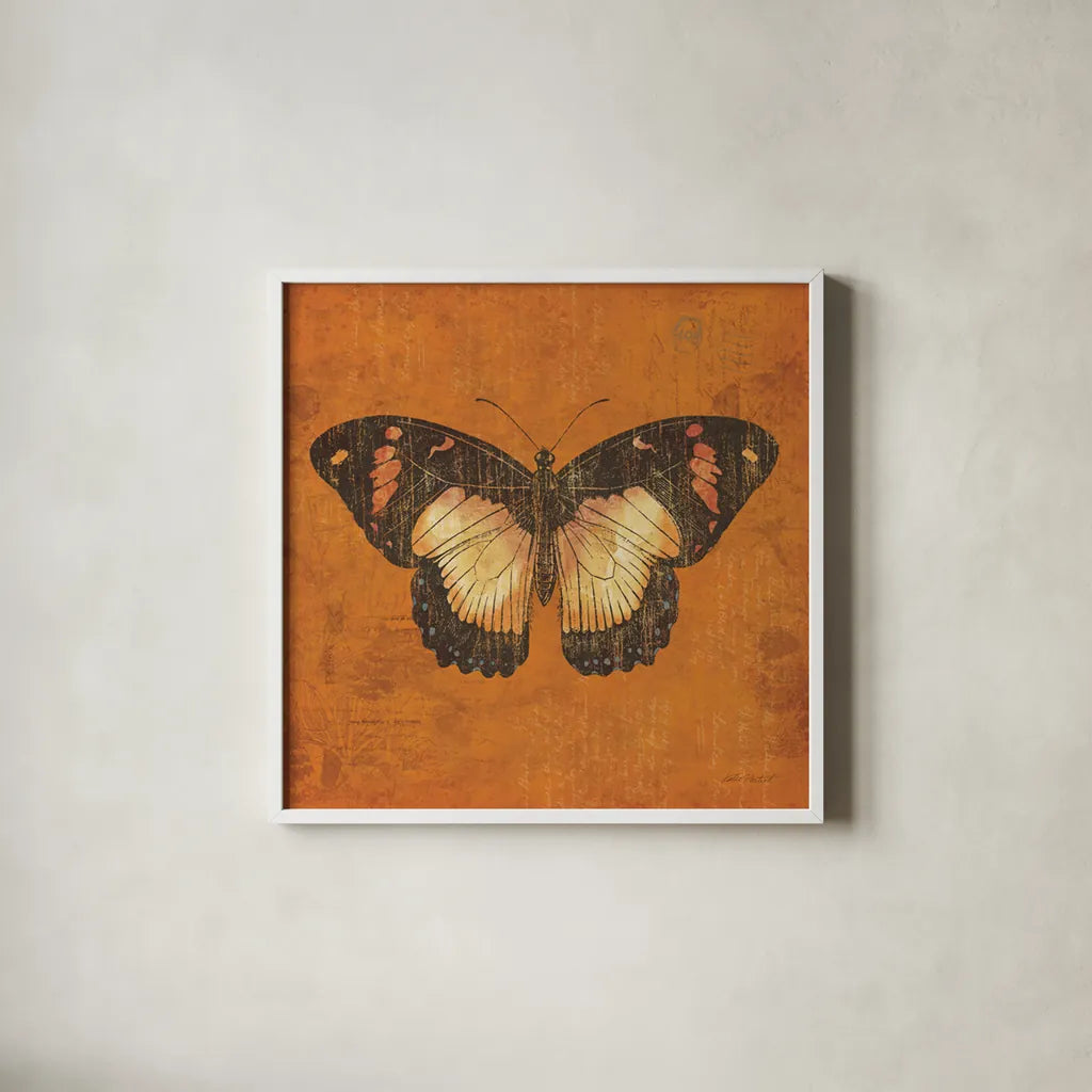 Apricot Butterfly by Katie Pertiet. Shown in a crisp white glass frame for a clean and minimalist style. Available as an archival giclee rolled canvas, fine art paper, or poster print. SKU 5954a.