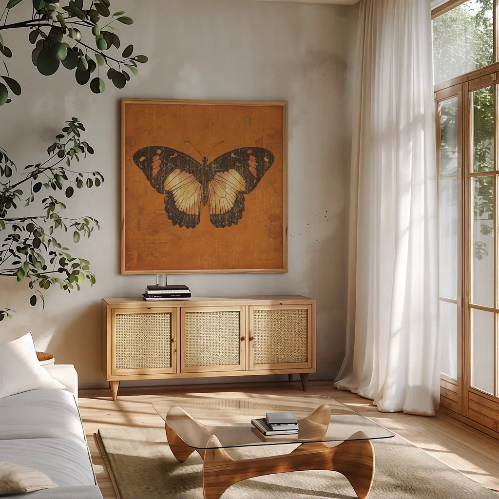Apricot Butterfly by Katie Pertiet. Shown in a natural wood frame in a cozy modern living room. Available as an archival giclee rolled canvas, fine art paper, or poster print. SKU 5954a.