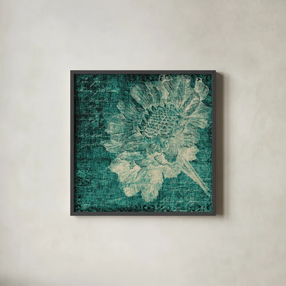 Aqua Vintage Botanical by Katie Pertiet. Shown in a sleek black glass frame for a contemporary gallery look. Available as an archival giclee rolled canvas, fine art paper, or poster print. SKU 27878a.