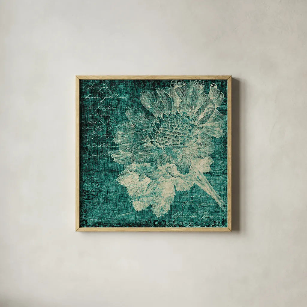 Aqua Vintage Botanical by Katie Pertiet. Shown in a natural wood glass frame for a timeless modern aesthetic. Available as an archival giclee rolled canvas, fine art paper, or poster print. SKU 27878a.