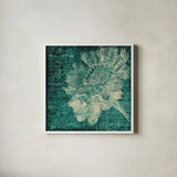 Aqua Vintage Botanical by Katie Pertiet. Shown in a crisp white glass frame for a clean and minimalist style. Available as an archival giclee rolled canvas, fine art paper, or poster print. SKU 27878a.