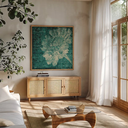 Aqua Vintage Botanical by Katie Pertiet. Shown in a natural wood frame in a cozy modern living room. Available as an archival giclee rolled canvas, fine art paper, or poster print. SKU 27878a.