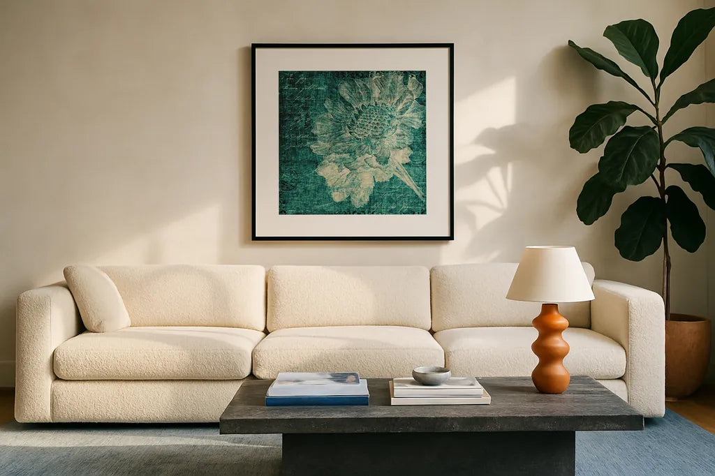 Aqua Vintage Botanical by Katie Pertiet. Displayed in a glass frame with matte in a clean modern living room. Available as an archival giclee rolled canvas, fine art paper, or poster print. SKU 27878a.