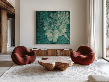 Aqua Vintage Botanical by Katie Pertiet. Shown as extra-large giant wall art in a modern living room. Available as an archival giclee rolled canvas, fine art paper, or poster print. SKU 27878a.