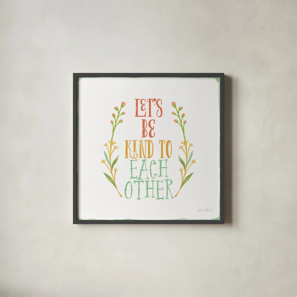 Be Kind I White by Katie Pertiet. Shown in a sleek black glass frame for a contemporary gallery look. Available as an archival giclee rolled canvas, fine art paper, or poster print. SKU 52884a.