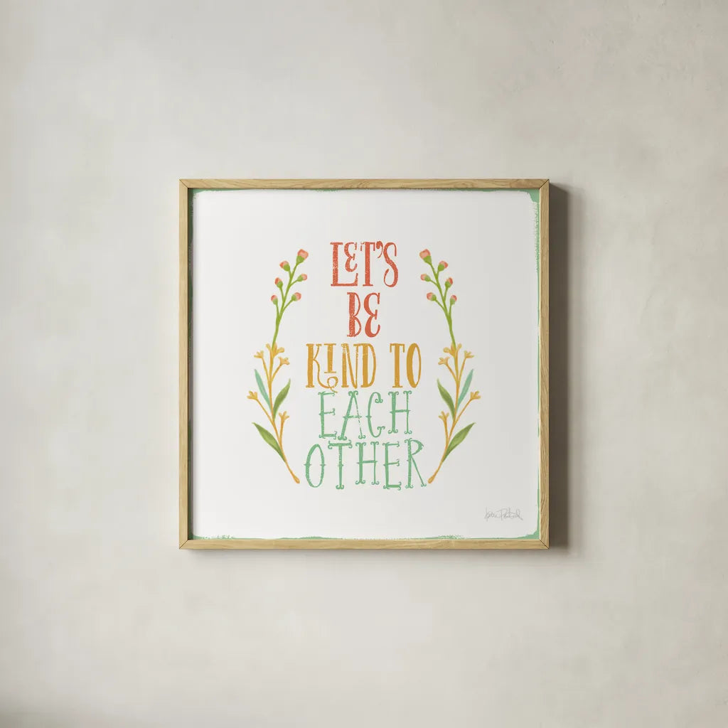 Be Kind I White by Katie Pertiet. Shown in a natural wood glass frame for a timeless modern aesthetic. Available as an archival giclee rolled canvas, fine art paper, or poster print. SKU 52884a.