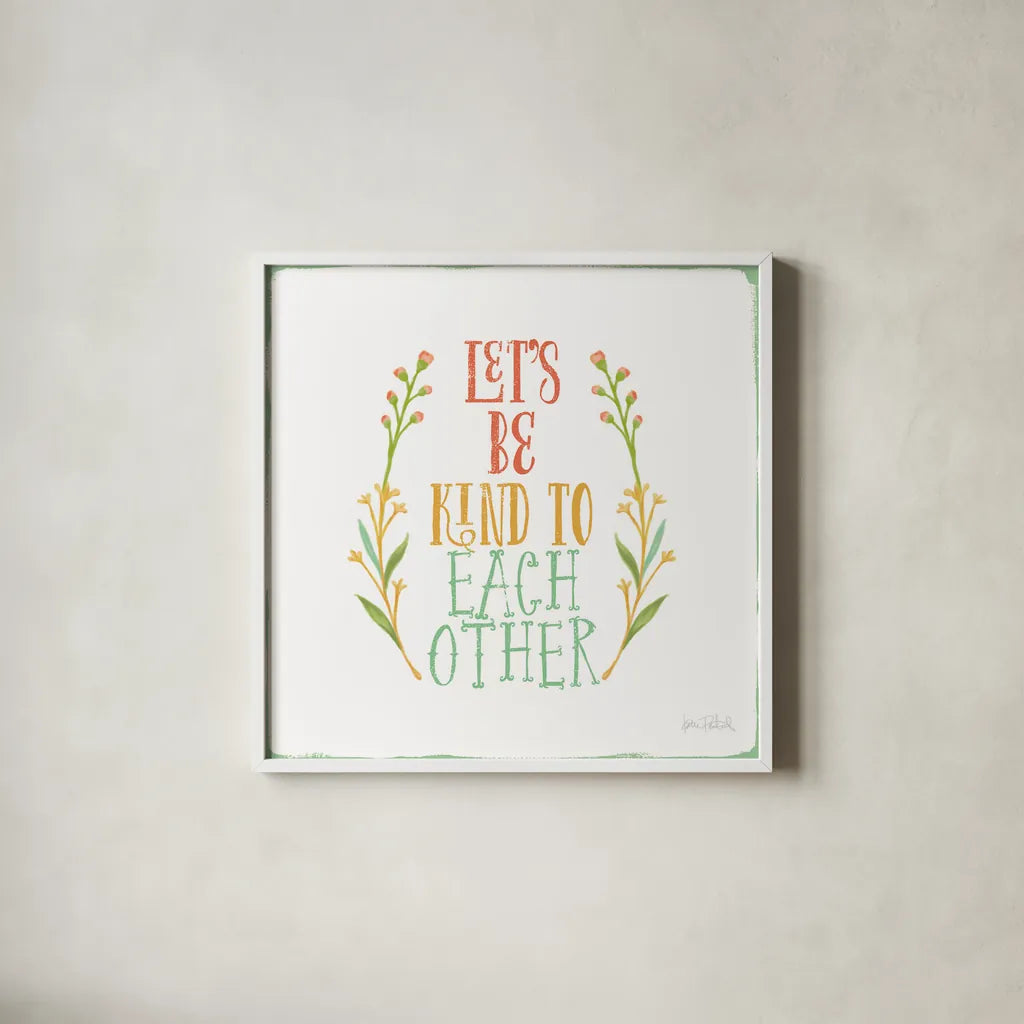 Be Kind I White by Katie Pertiet. Shown in a crisp white glass frame for a clean and minimalist style. Available as an archival giclee rolled canvas, fine art paper, or poster print. SKU 52884a.