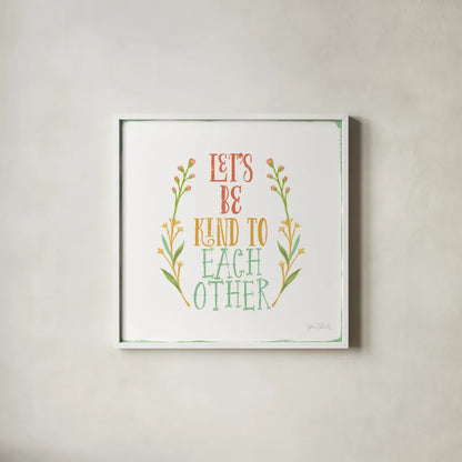 Be Kind I White by Katie Pertiet. Shown in a crisp white glass frame for a clean and minimalist style. Available as an archival giclee rolled canvas, fine art paper, or poster print. SKU 52884a.