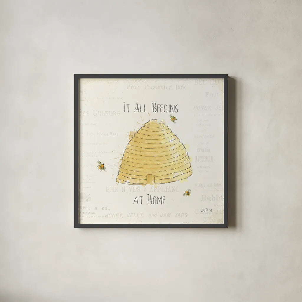 Bee and Bee I by Katie Pertiet. Shown in a sleek black glass frame for a contemporary gallery look. Available as an archival giclee rolled canvas, fine art paper, or poster print. SKU 27323a.