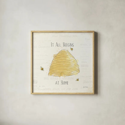Bee and Bee I by Katie Pertiet. Shown in a natural wood glass frame for a timeless modern aesthetic. Available as an archival giclee rolled canvas, fine art paper, or poster print. SKU 27323a.