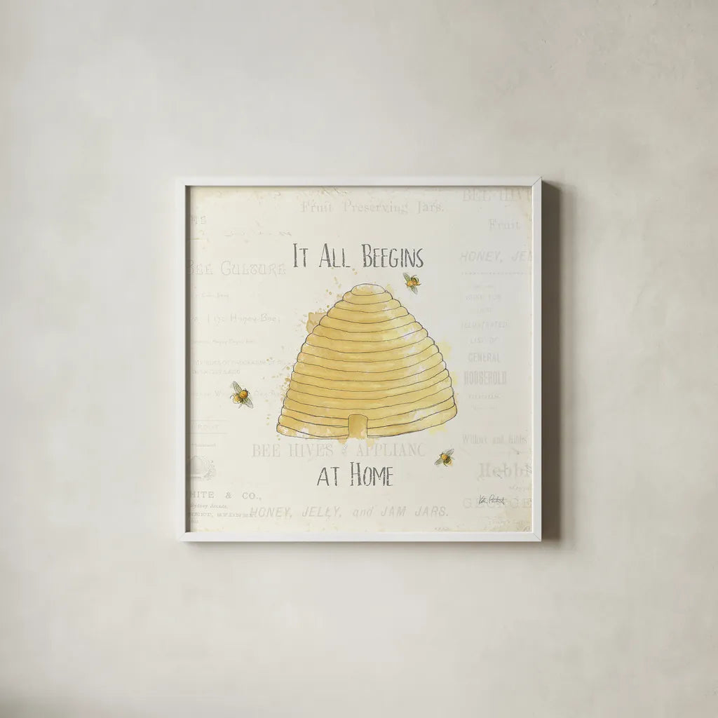 Bee and Bee I by Katie Pertiet. Shown in a crisp white glass frame for a clean and minimalist style. Available as an archival giclee rolled canvas, fine art paper, or poster print. SKU 27323a.