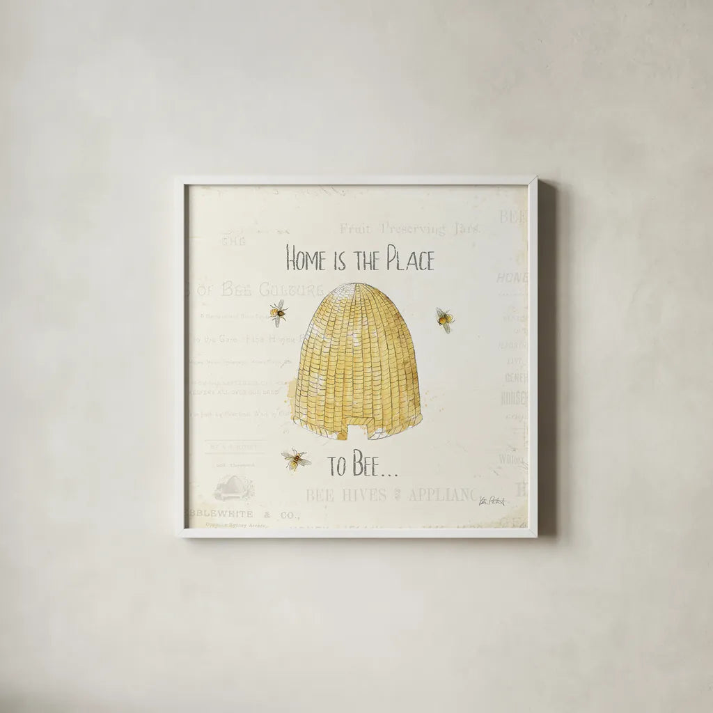 Bee and Bee II by Katie Pertiet. Shown in a crisp white glass frame for a clean and minimalist style. Available as an archival giclee rolled canvas, fine art paper, or poster print. SKU 27324a.