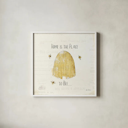 Bee and Bee II by Katie Pertiet. Shown in a crisp white glass frame for a clean and minimalist style. Available as an archival giclee rolled canvas, fine art paper, or poster print. SKU 27324a.